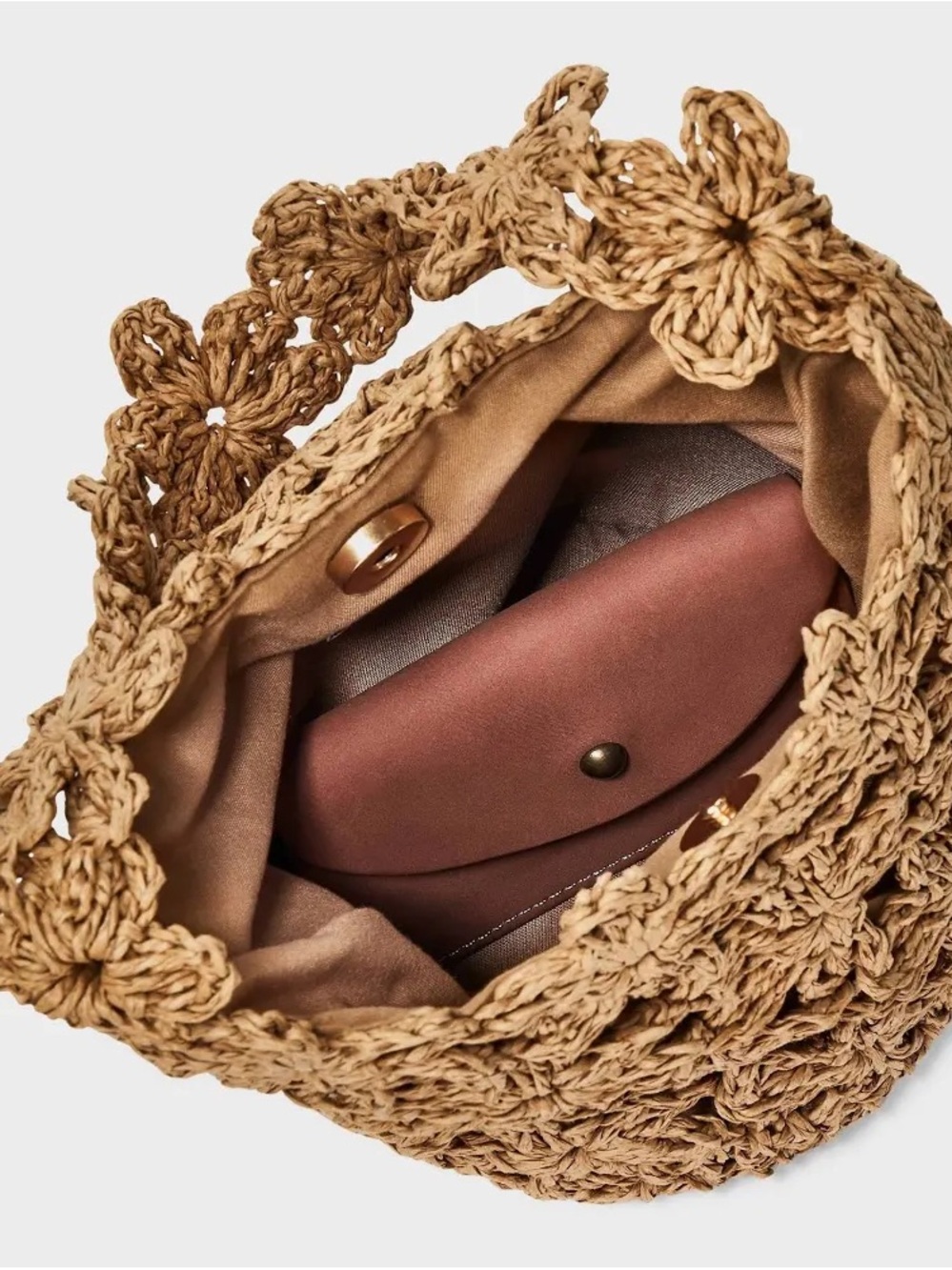 Magnetic Mini Woven Floral Crochet Bucket Bag - Tan - Picture 3 of 5